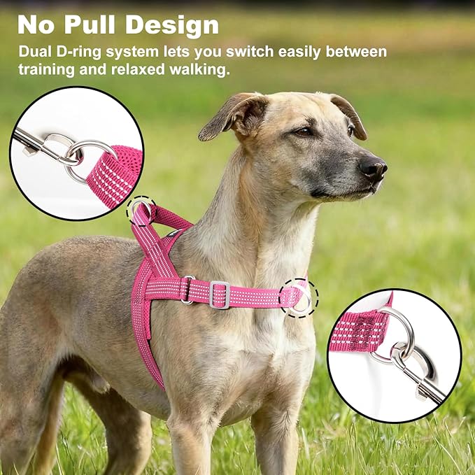 No Pull Dog Harness with Handle, Adjustable Soft Mesh Padded Reflective Walking Harness with Front Clip for Small Medium Large Dogs – Quick Fit No Escape for Training and Hiking (Pink, M)