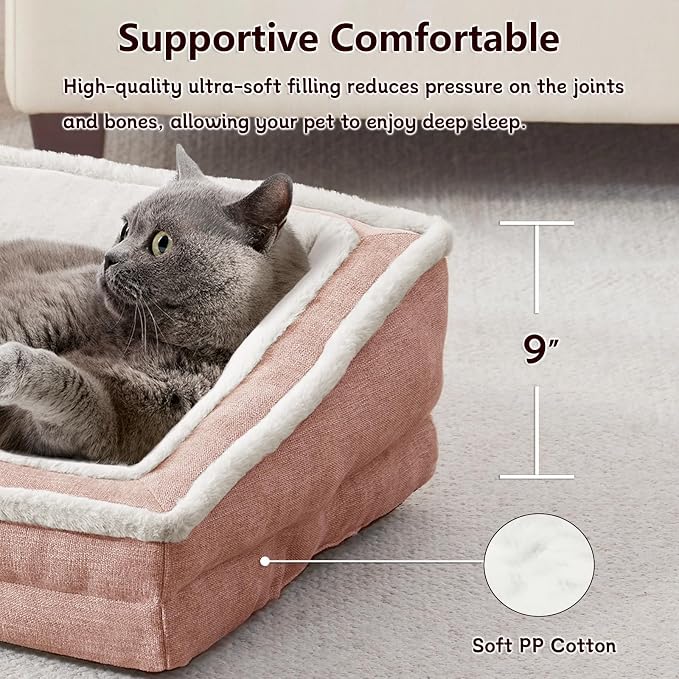 Laojin Balhen Cat Couch for Pets, Washable Cat Beds for Indoor Cats, Super Soft Plush Supportive Dog Couch Bed for Puppy and Kitten with Anti-Slip Bottom, 26inch, Pink