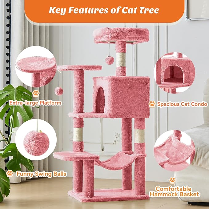 DUMOS Small 44 Inch Cats Tree Tower, Cat Climbing Tower with Natural Sisal Scratching Posts, Hammock, Pet Condo for Indoor Cats and Kittens Play, Pink