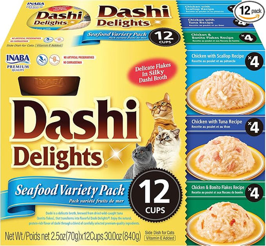 INABA Dashi Delights for Cats, Shredded Tuna Side Dish with Bonito Flake Broth, Cat Food Complement with Taurine & Green Tea Extract, 2.5 Ounce Cup, 12 Cups Total, Seafood Variety