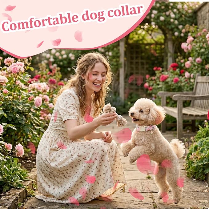 Spring Summer Dog Collar with Pink Rose,Adjustable Cotton Puppy Collars for Small Medium Large Dogs, Cute Girl or Boy Dog Collar Ideal for Gifts,Pet Accessory,M