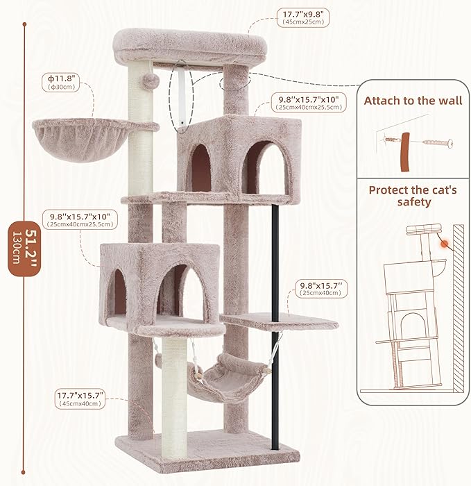 Gitelsnour 51.2'' Cat Tree Tower, Cat Tower with Scratching Post, Sturdy Steel Pube Cat Tree for Inoor Cats Large Adult, Cat Hammock and Basket, Padding Top Platform, Mushroom GCT014MU