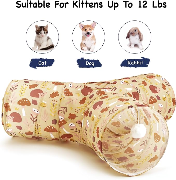 Tempcore Cat Tunnel for Indoor Cats, 3 Way Collapsible Pet Play Tunnel with Teaser Wand, Peek Holes & Hanging Ball, Interactive Tube for Kittens & Rabbits, Khaki Hedgehog