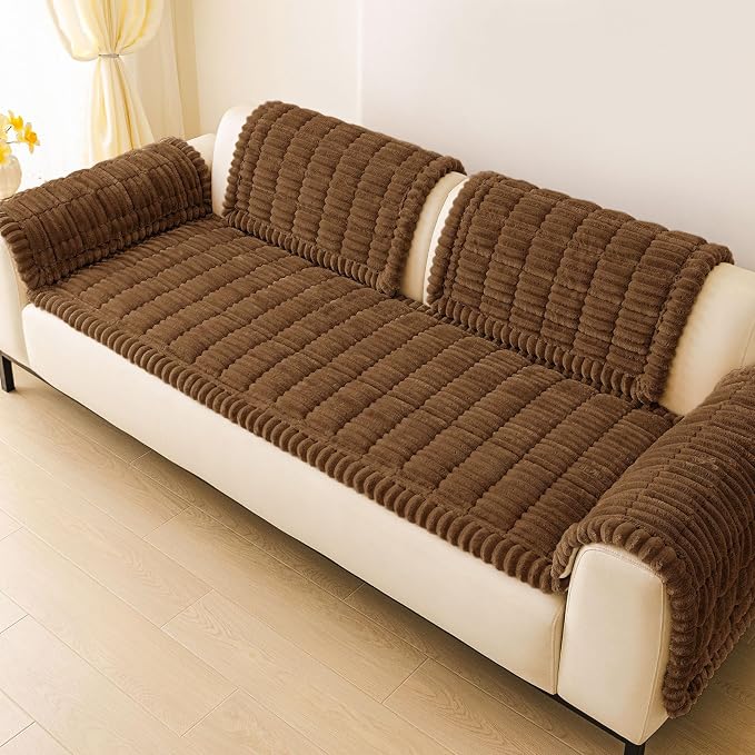 hyha Couch Cover for Dogs Washable, Non Slip Thick Flannel Sofa Protector, Pet Friendly Plush Furniture Cover for Sectional Sofa & Loveseat (Brown, 35.4" x 88")