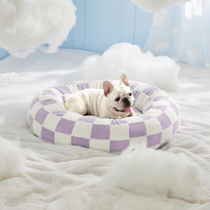 LE SURE Shown on TV Donut Medium Dog Bed - Round Cat Beds for Indoor Cats Calming Bed Present for Pets, Cute Modern Home Decor Beds with Jacquard Shaggy Plush & Anti Slip Bottom, 30 Inch, Purple