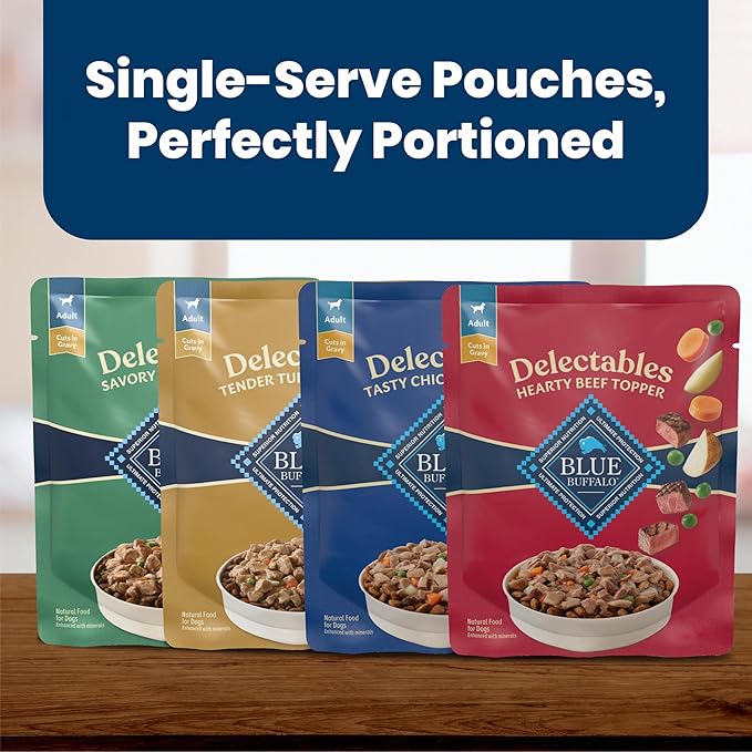 Blue Buffalo Delectables Variety Pack Natural Wet Dog Food Topper (Chicken, Beef, Turkey & Lamb) in Gravy with Natural Ingredients, Vitamins & Minerals, 3-oz. Each (24 Pouches)