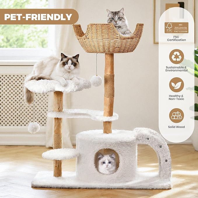 Easyego Modern Cat Tree, 45.6" Aesthetic Wood Cat Tree Tower for Large Cats, Luxury Cat Condo with Scratching Posts and Flower Platforms, Cat Furniture, White