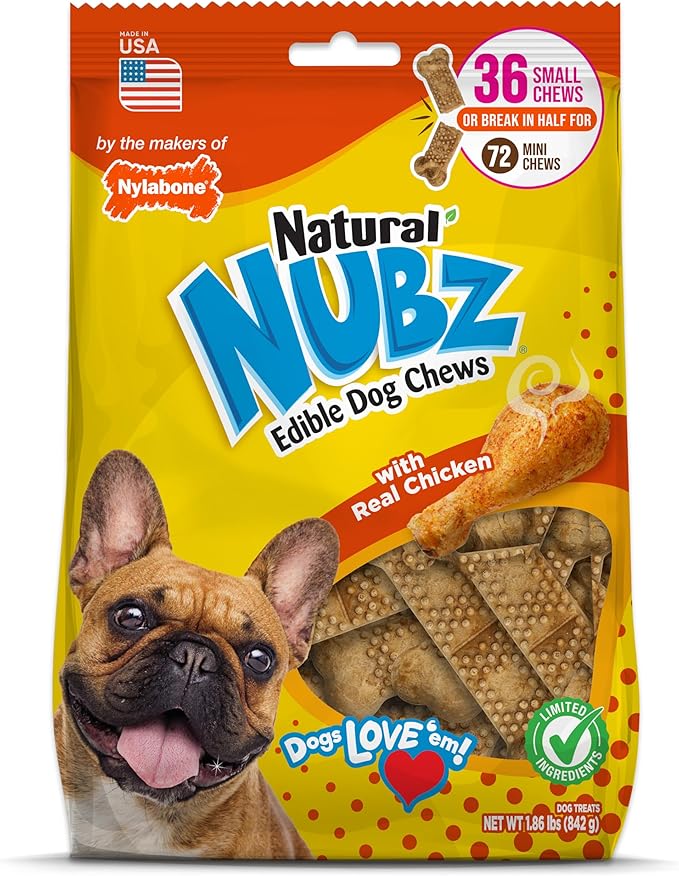 Nylabone Nubz Natural Dog Chew Treats for Small Dogs, Long Lasting Dog Chew Bones Made in USA, Chicken Flavor Breath Freshener Dental Chews, Small Dog Bones for Dogs Up to 25 lbs. (36 Count)