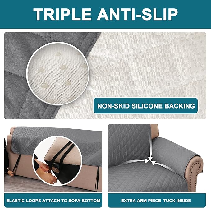 Turquoize 100% Waterproof Couch Cover Sofa Covers for 2 Cushion Couch Loveseat Covers Triple Non-Slip Couch Cover for Dogs Washable Furniture Protector Cover for Pets, Kids,Dog (Loveseat 54", Gray)