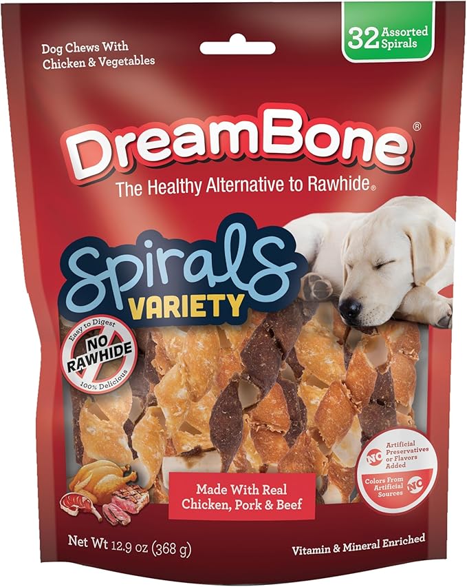 DreamBone Spirals Variety Pack Chews for Dogs, Treat Your Dog to Easy-to-Digest Rawhide-Free Chews Made with Chicken, Beef or Pork, 32 Count