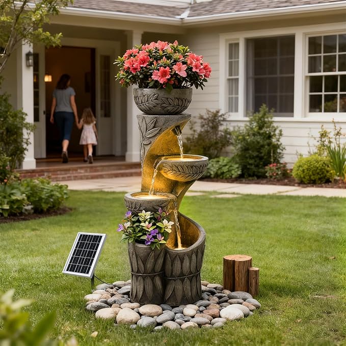 4 Tiered Solar Water Fountain Outdoor Garden, 35.6" Tall Cascading Bowl Leaf Carved Outdoor Waterfall Fountains Modern Water Feature with Dual Planters for Garden, Patio, Deck, Yard, Indoor Decor