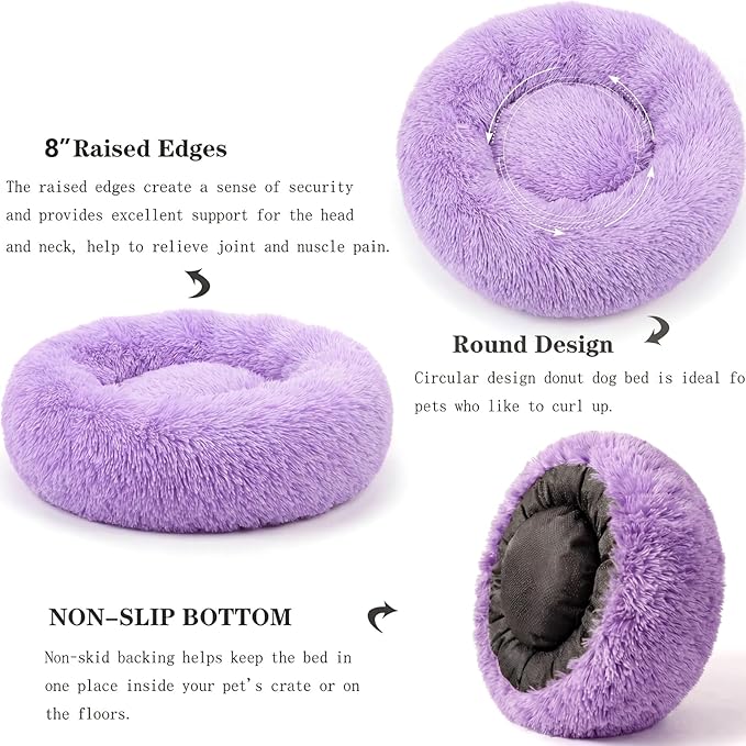 Calming Dog Bed for Medium Dogs Washable Donut 30 inches Anti-Slip Pet Bed,Round Fluffy Plush Faux Fur Cat Bed,Fits up to 45 lbs Pets,Purple