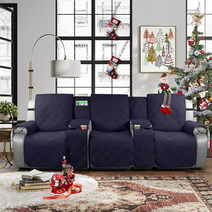 TAOCOCO 100% Waterproof Recliner Sofa Covers with Console, Couch Covers for Reclining Couches 3 Seat with Straps, Split Recliner Sofa Cover Furniture Pets Kids Protector (3 Seater, Navy Blue)