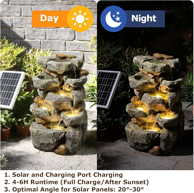 Solar Water Fountain Outdoor Garden,5 Tiered Cascading Rock Solar Powered Water Fountain Water Fall Fountains Outside with Lights for Backyard, Patio, Deck, Porch, 19.3" H x 12.2" L x 9.5" W