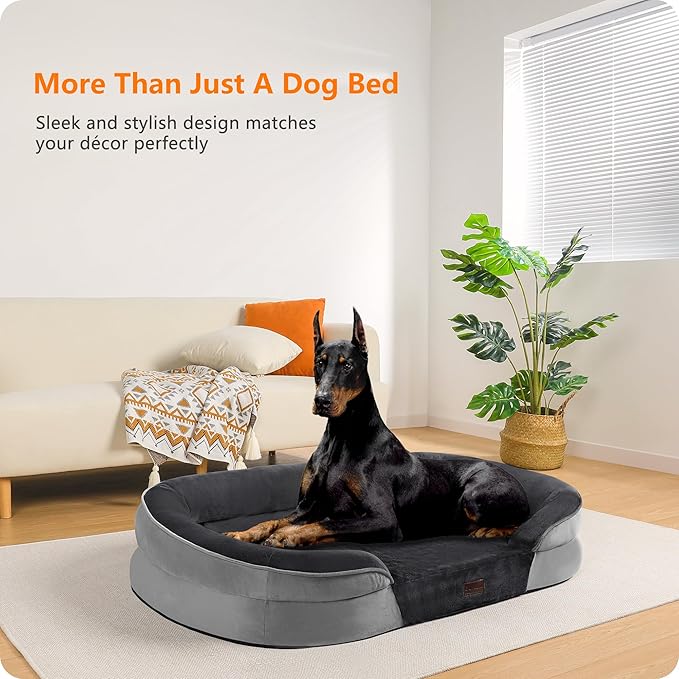 Dwanton Orthopedic Dog Bed for Extra Extra Large Dogs with Gel Memory Foam, Waterproof Dog Sofa, Washable Pet Bed with Four Sided Bolster Cushion, Removable Cover & Non-Slip Bottom, 48", Dark Grey