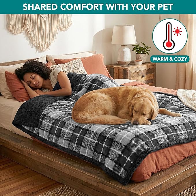 PetAmi Waterproof Dog Blanket for Couch, Large 60x40, Pee Proof Sherpa Fleece Reversible Pet Throw, Furniture Protector for Bed Sofa Kennel, Soft Washable Cover for Medium Dogs Cats, Plaid Dark Grey