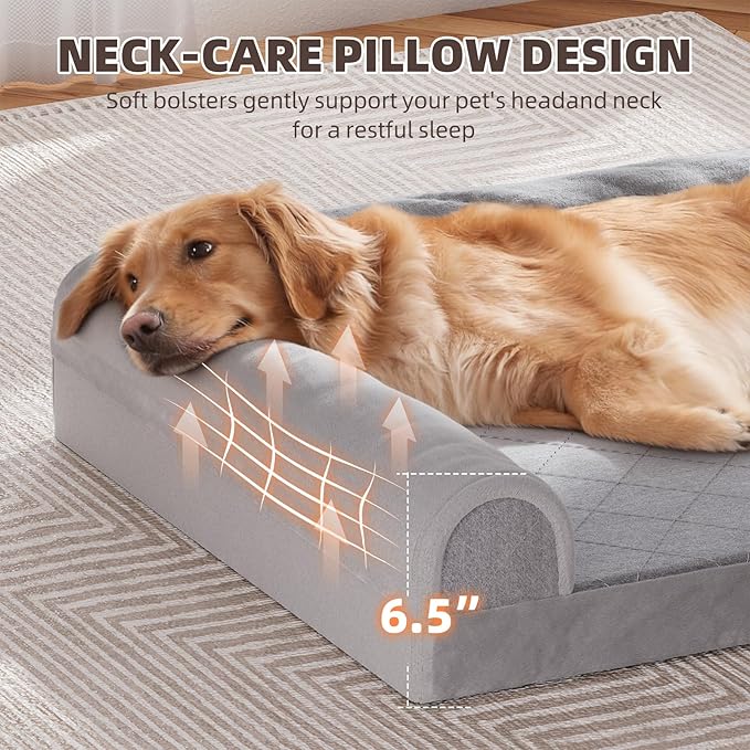 Simple Trending Dog Bed for Large Dogs, Orthopedic XL Pet Bed with Sides, Waterproof Egg Crate Foam Couch Sofa with Removable Cover and Anti-Slip Bottom, Grey