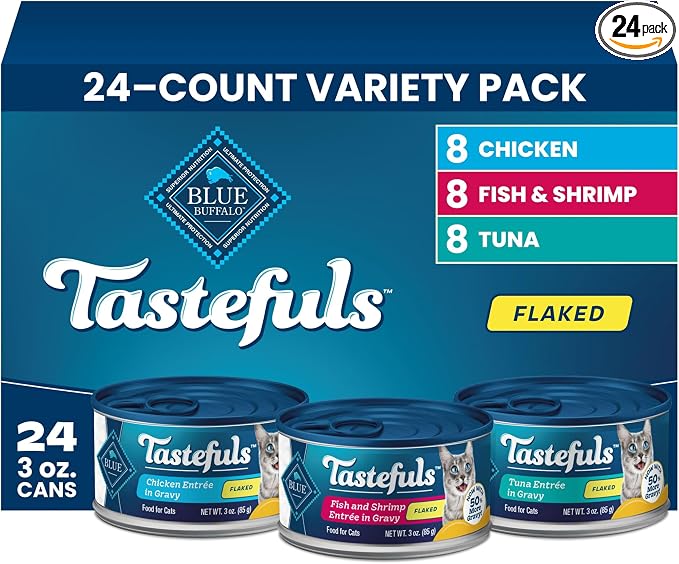 Blue Buffalo Tastefuls Flaked Adult Wet Cat Food Variety Pack (Tuna, Chicken, Fish & Shrimp), Natural Ingredients Enhanced with Vitamins, Minerals & Other Nutrients, 3-oz. Each (24 Cans)