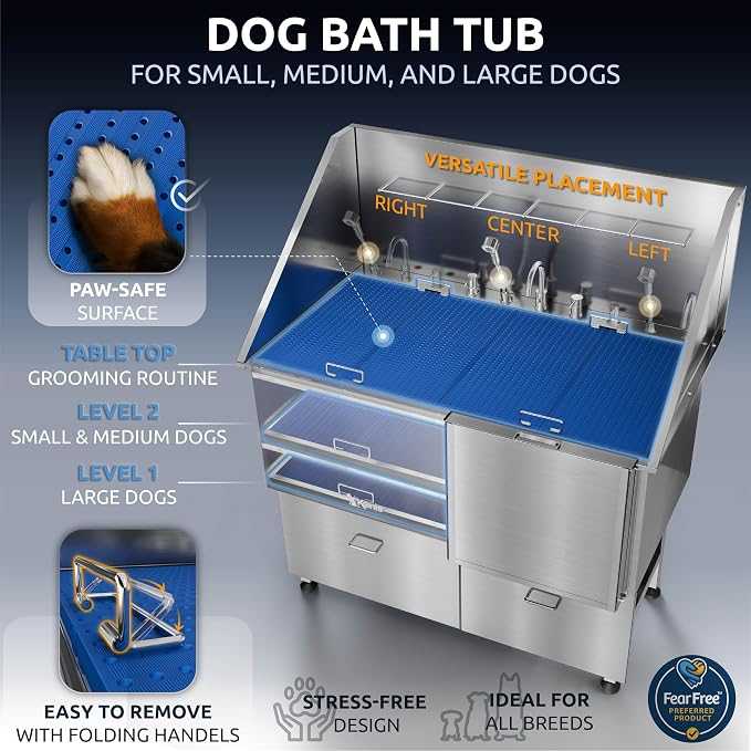 KANIS Professional Dog Washing Station 304 Stainless Steel Pet Wash Sink & Grooming Bathtub w/Shower, Floor Grates and Storage for Large, Medium & Small Pets (Silver, 50 Inches, Right Ramp, 2 Drawers)