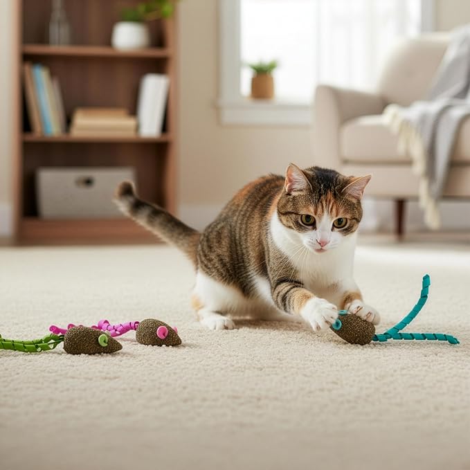 SmartyKat Magic Mice Compressed Catnip and Ribbon Cat Toys, Mess-Free for Hunting & Batting Fun for Cats & Kittens, Set of 3