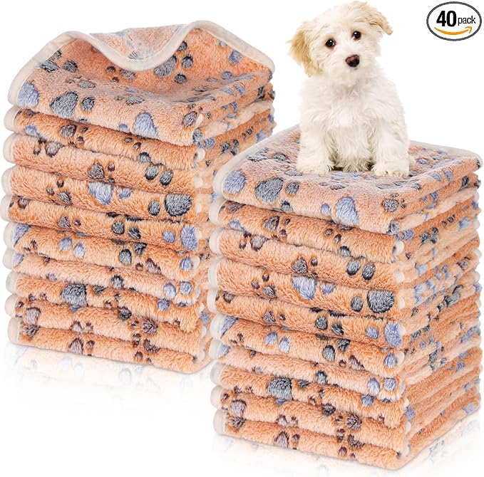 Chumia 40 Pcs Dog Blankets Soft Fluffy Fleece Washable Puppy Sleep Blankets Small Mat for Pets Throw Warm Bed Mat for Dog Puppy Cat (Brown,Paw)