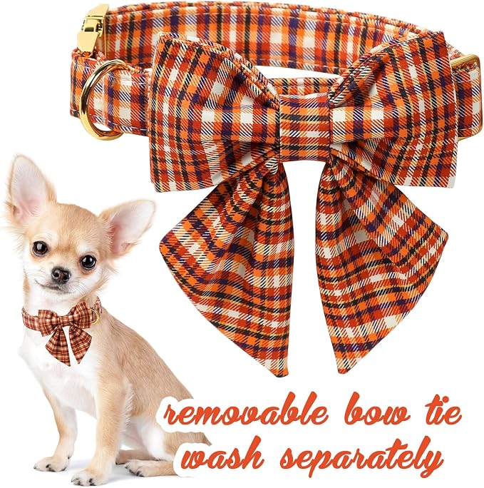 Unique style paws Cartoon Dog Collar with Bowtie Autumn Halloween Plaid Puppy Collar with Colorful Orange Grid for Small Medium Large Boys Girls Dogs