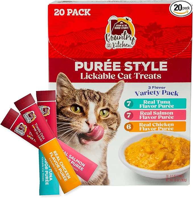 Country Kitchen Puree Lickable Cat Treats, 3 Flavor Variety Pack, Tuna, Salmon and Chicken, Made with Real Meat, 5 oz Tubes, 20 Count