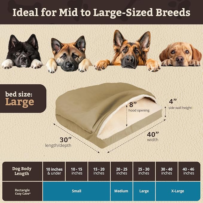 Snoozer Rectangle Cozy Cave Dog Bed - Indoor Dog Bed with Cover Cave, Covered Calming Burrow for Medium & Large Sized Pets with Blanket Attached, Enclosed, Washable Cover - Large, Khaki