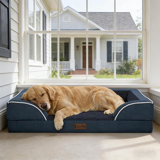 Orthopedic Dog Beds for Large Sized Dogs 35x22 Inch, Medium Waterproof Egg Crate Foam Dog Sofa Bed with Removable Washable Cover Pet Couch with Bolster Side & Non-Slip Bottom, Navy Blue