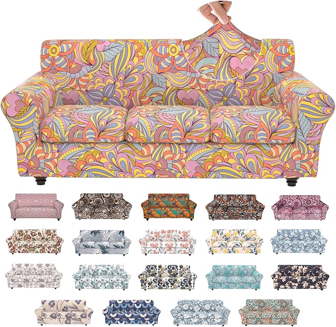 Stretch Couch Covers for 3 Separate Cushion Couch Sofa,Floral Printed Couch Sofa Cover,Washable Sofa Slipcover,Pet Friendly Furniture Protector with Elastic Bottom,Universal Fit for Home(Sofa,Cover)