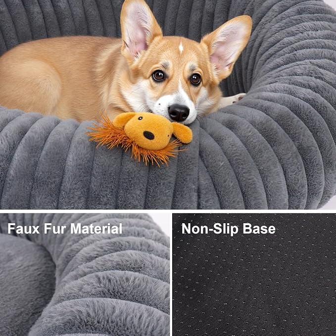 Calming Dog Bed Anti-Anxiety Donut Dog Beds for Small Medium Large Dogs,Washable Plush Fluffy Indoor Cat Kitten Round Cuddler Cushion (Deep Grey, Small)