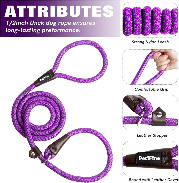 PetiFine Slip Lead Dog Leash,6FT x 1/2" Reflective Durable Dog Training Lead, Heavy Duty Adjustable Nylon Dog Rope Slip Leash for Small Medium Large Dogs (Purple)
