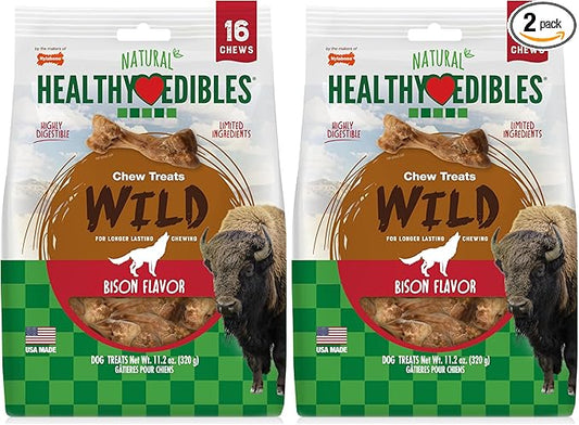 Nylabone Healthy Edibles Wild Natural Dog Chew Treats, Bison Flavor, Small Dogs Up to 20 lbs - Made in USA (16 Count) (Pack of 2)