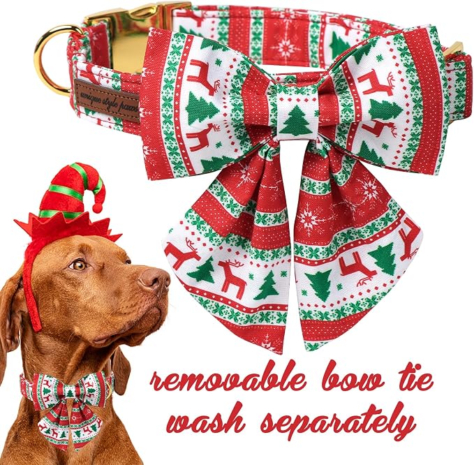 Unique Style Paws Christmas Day Dog Collar with Bowtie Christmas Tree Cotton Puppy Collars for Small Medium Large Dogs