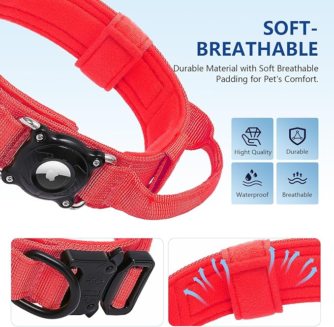 Tactical AirTag Dog Collar Waterproof with QR ID Tag, Military Training Dog Collar with Built-in AirTag Holder, Strong Metal Buckle & Control Handle, GPS Tracking Collar for Medium Dogs (Red, M)