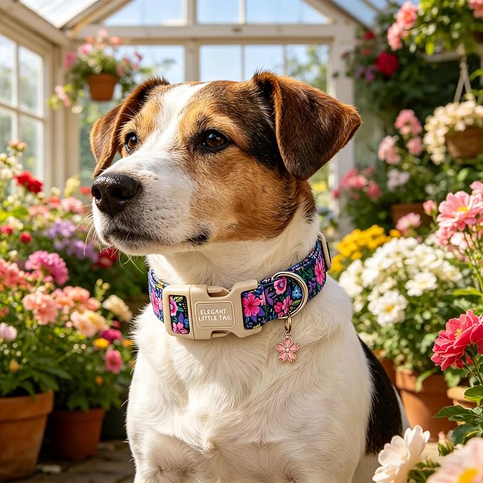 Elegant little tail Dog Collar, Pink Floral Pet Dog Collars Female Cotton Puppy Cute Summer Holiday Adjustable Pet Collar with Sturdy Quick Release Buckle for Small Medium Large Dogs
