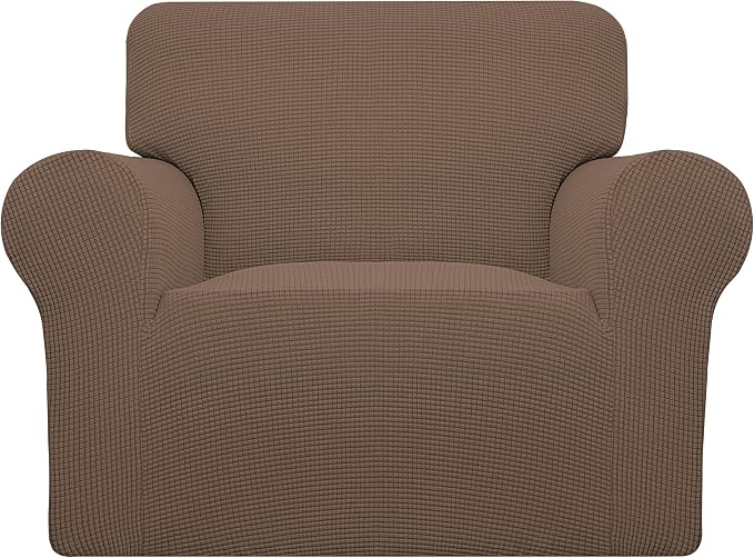 Easy-Going Stretch Chair Sofa Slipcover 1-Piece Couch Sofa Cover Furniture Protector Soft with Elastic Bottom for Kids, Pet. Spandex Jacquard Fabric Small Checks (Chair, Brown)