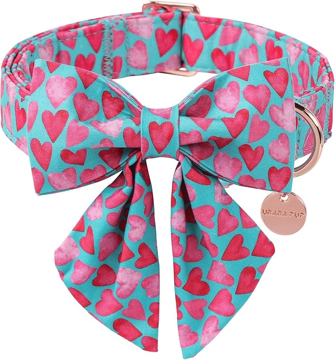 Valentine’s Day Dog Collar with Bow Tie, Pink Heart Bowtie Collar with Metal Buckle, Valentine’s Day Gift Pet Collar for Puppy Girl Boy Dog or Cat, Wedding Dog Collar, S, Neck 10-16in