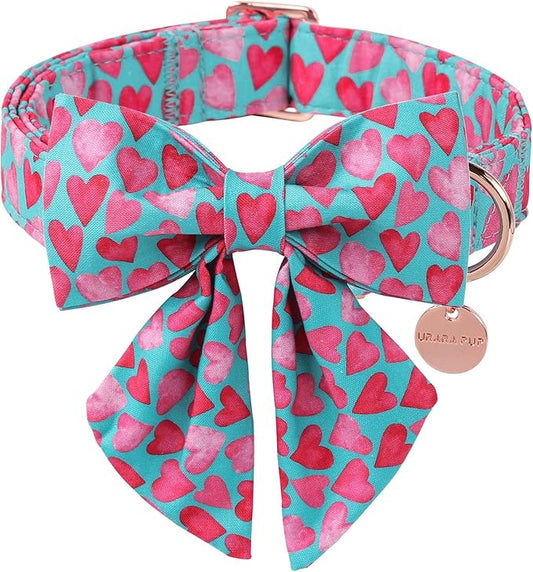 Valentine’s Day Dog Collar with Bow Tie, Pink Heart Bowtie Collar with Metal Buckle, Valentine’s Day Gift Pet Collar for Puppy Girl Boy Dog or Cat, Wedding Dog Collar, L, Neck 16-24in