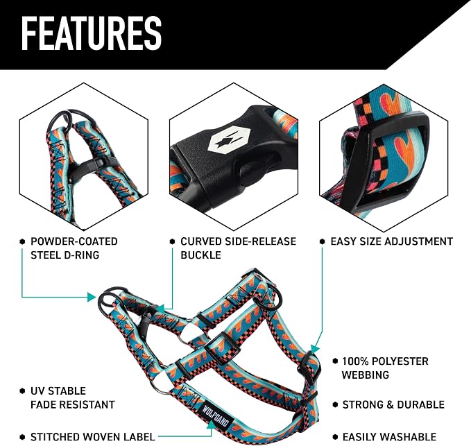 Wolfgang Heavy Duty Adjustable Dog Harness, Pull-Tested for Walking & Training, BuenaOnda Print, Medium