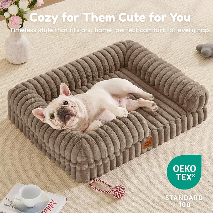 ChiXnuggle Rectangular Orthopedic Dog Bed for Medium Dogs, Waterproof Washable Faux Rabbit Fur Dog Couch with Egg Crate Foam Support, Bolster Pet Sofa with Non-Slip Bottom, 30x24x7, Taupe
