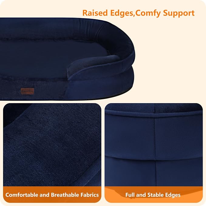 Dwanton Orthopedic Dog Bed for Medium Dogs with Gel Memory Foam, Waterproof Dog Sofa, Washable Pet Bed with Four Sided Bolster Cushion, Removable Cover & Non-Slip Bottom, 36", Navy Blue
