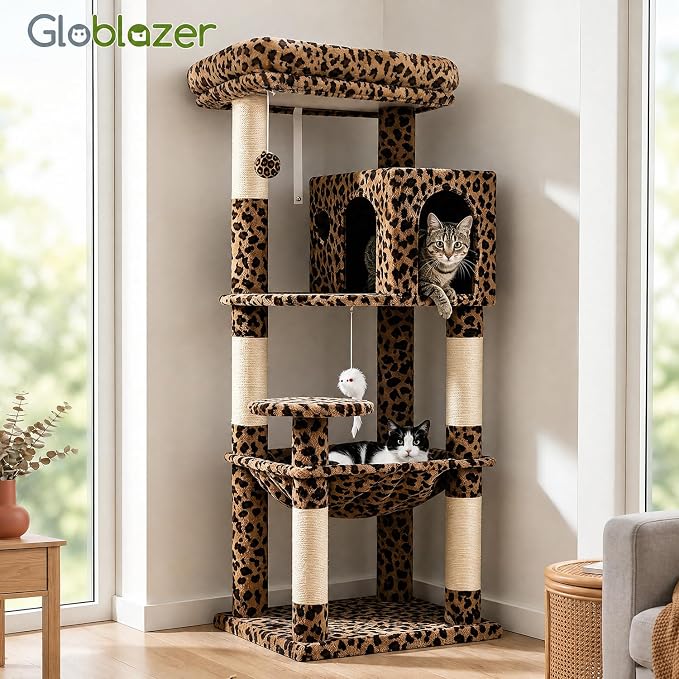 Globlazer Leopard Cat Tree Tower with Scratching Post for Indoor Cats, 53in Plush Multi-Level Cat Climbing Tower Condo House with Large Hammock, Spacious Cat Cave, Padded Top Perch, F53, Leopard Print