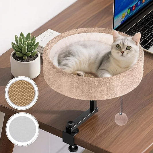 Chumajor Cat Desk Bed - 360° Rotating & Adjustable, Supports 50 lbs, Soft Faux Fur with Dual-Sided Reversible Mat, Modern Indoor Cat Nest Furniture for Office Desks and Game Tables, Island Table