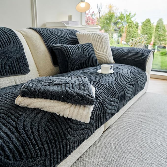 OTOB Couch Covers for 3 Cushion Couch Sofa Pet Friendly, Washable Plush Sofa Slipcovers Furniture Protector, Non Slip All Season Soft Fuzzy Pet Couch Cover, 1 Piece(Dark Gray, 27.6"x82.7")