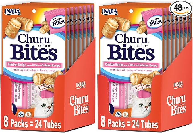 INABA Churu Bites for Cats, Soft/Chewy Baked Chicken Wrapped Churu Filled Cat Treats with Vitamin E, 0.35 Ounces per Tube, (3 Tubes per Pack), Tuna with Salmon Recipe, (Pack of 48)