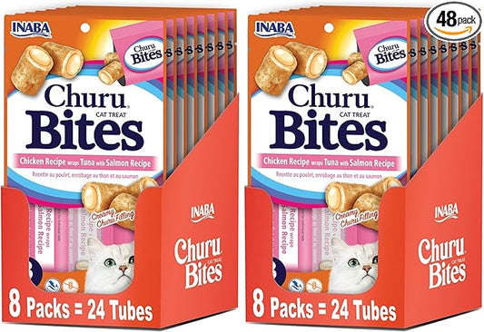INABA Churu Bites for Cats, Soft/Chewy Baked Chicken Wrapped Churu Filled Cat Treats with Vitamin E, 0.35 Ounces per Tube, (3 Tubes per Pack), Tuna with Salmon Recipe, (Pack of 48)