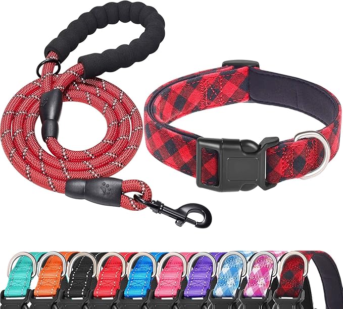 Ladoogo Reflective Dog Collar Padded with Soft Neoprene Breathable Adjustable Nylon Dog Collars for Small Medium Large Dogs (Large (Pack of 1), Red Plaid Collar+Leash)