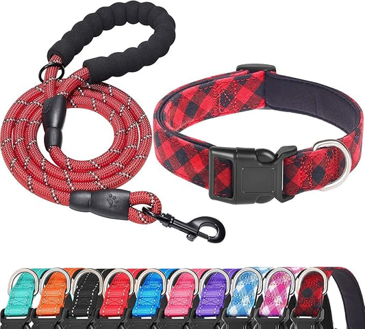 Ladoogo Reflective Dog Collar Padded with Soft Neoprene Breathable Adjustable Nylon Dog Collars for Small Medium Large Dogs (Large (Pack of 1), Red Plaid Collar+Leash)