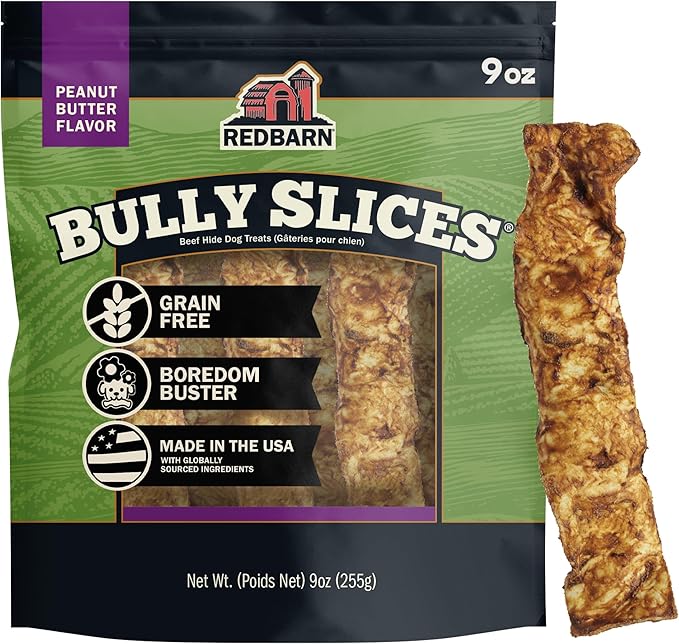 Redbarn Pet Products All-Natural Rawhide Bully Slices - Peanut Butter Flavor - Premium Grain-Free Beef Hide Treats High Protein Low Fat for Chewers - 9 oz Bag